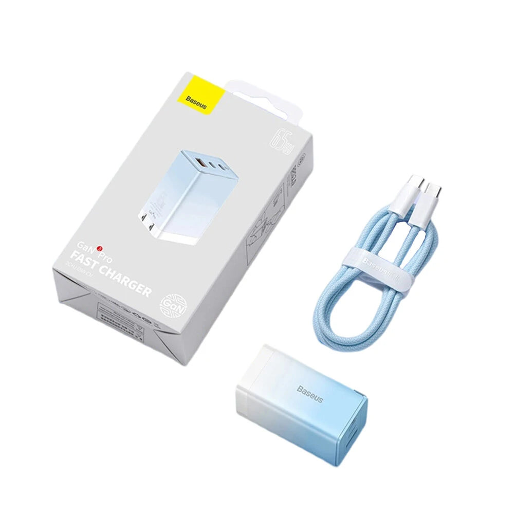 Baseus GaN3 Pro Fast Charger 2C+U 65W Cloud Blue with C to C 100W Cable 1m Blue