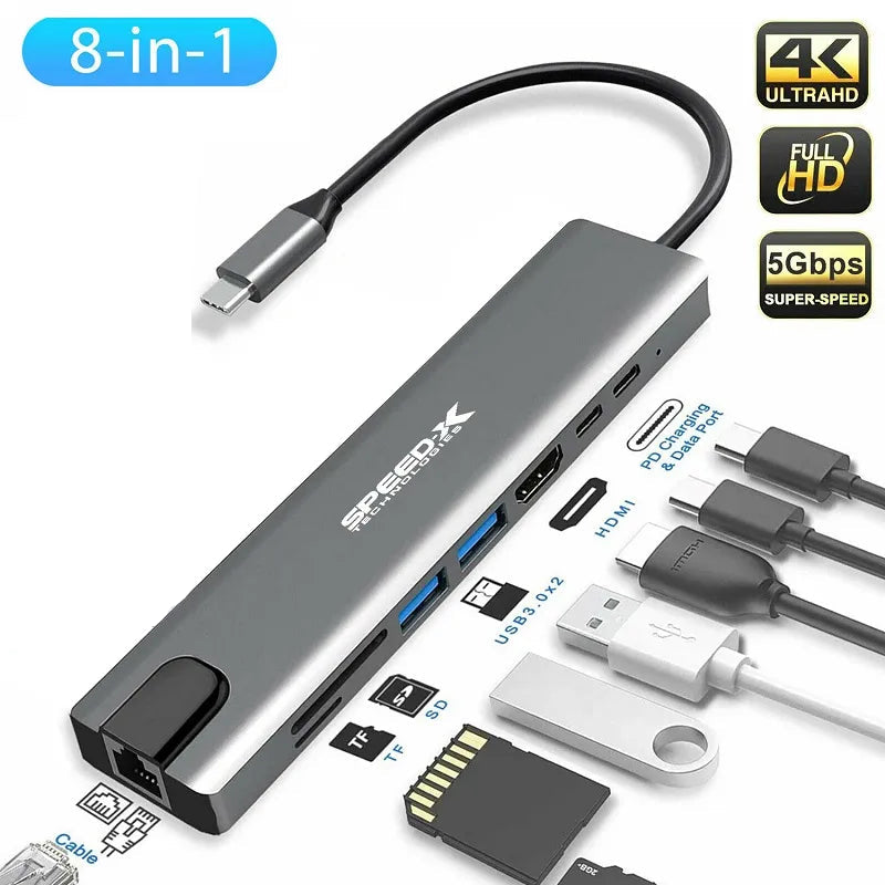 Speed-X 8 in 1 Multiport Type C To USB C 4K HDMI Adapter USB 3.0
