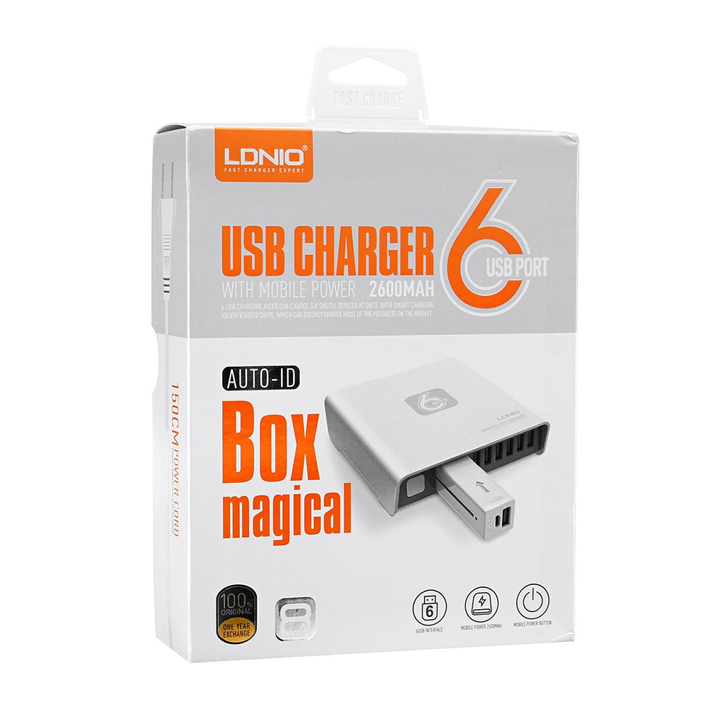 LDNIO Magical Box 6USB Port USB Charger with Mobile Power 2600 mAh (6 USB Adapter + Powerbank 2600 mAh) - Saamaan.Pk