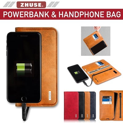 ZHUSE 2 in 1 Leather Phone Cover Bag and 6800mAh PowerBank Cover iPhone Samsung Huawei iPhone XS XSMax with Fast Charging - Saamaan.Pk
