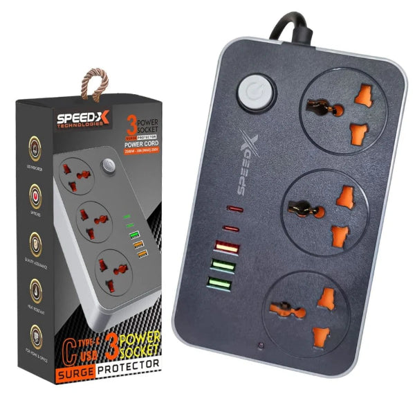 Speed-X 603PU Universal Power Strip – 3 AC Outlets, 4 USB & 1 Type-C Fast Charging