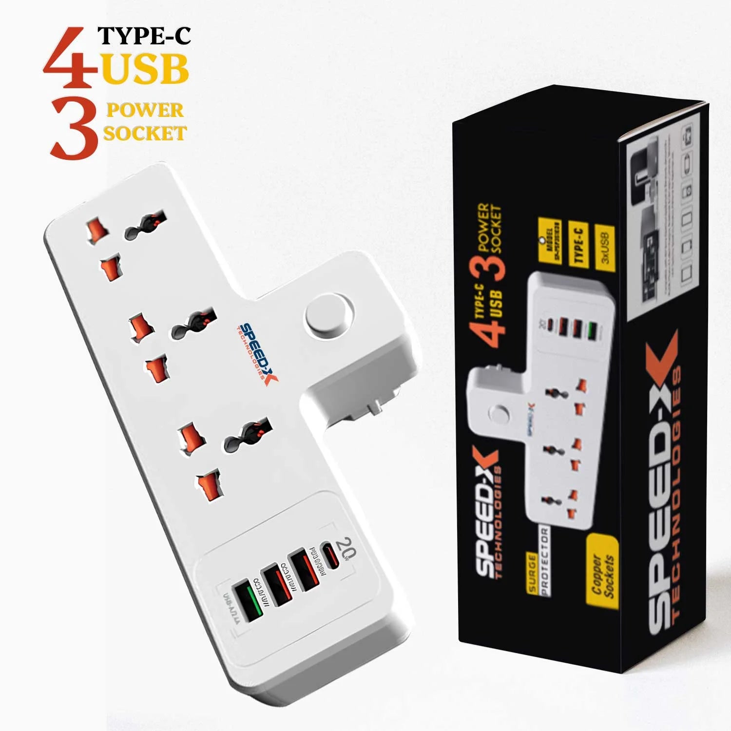 Speed-X 303PUC Premium Portable Power Strip – 3 Sockets, 3 USB Ports & 1 Type-C Port