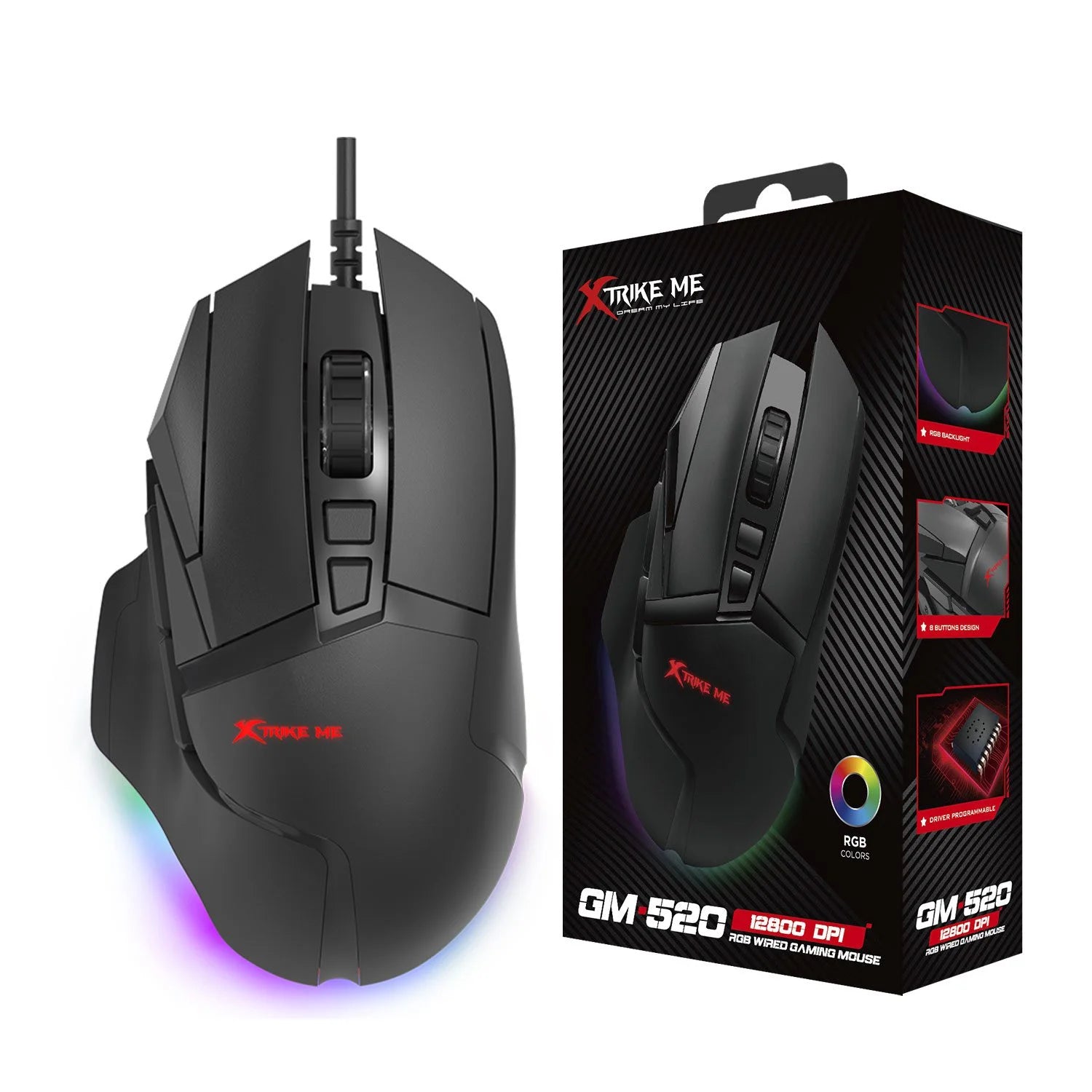 Xtrike-Me RGB Wired Gaming Mouse with 8 Programmable Buttons & 12,800 Dpi GM-520