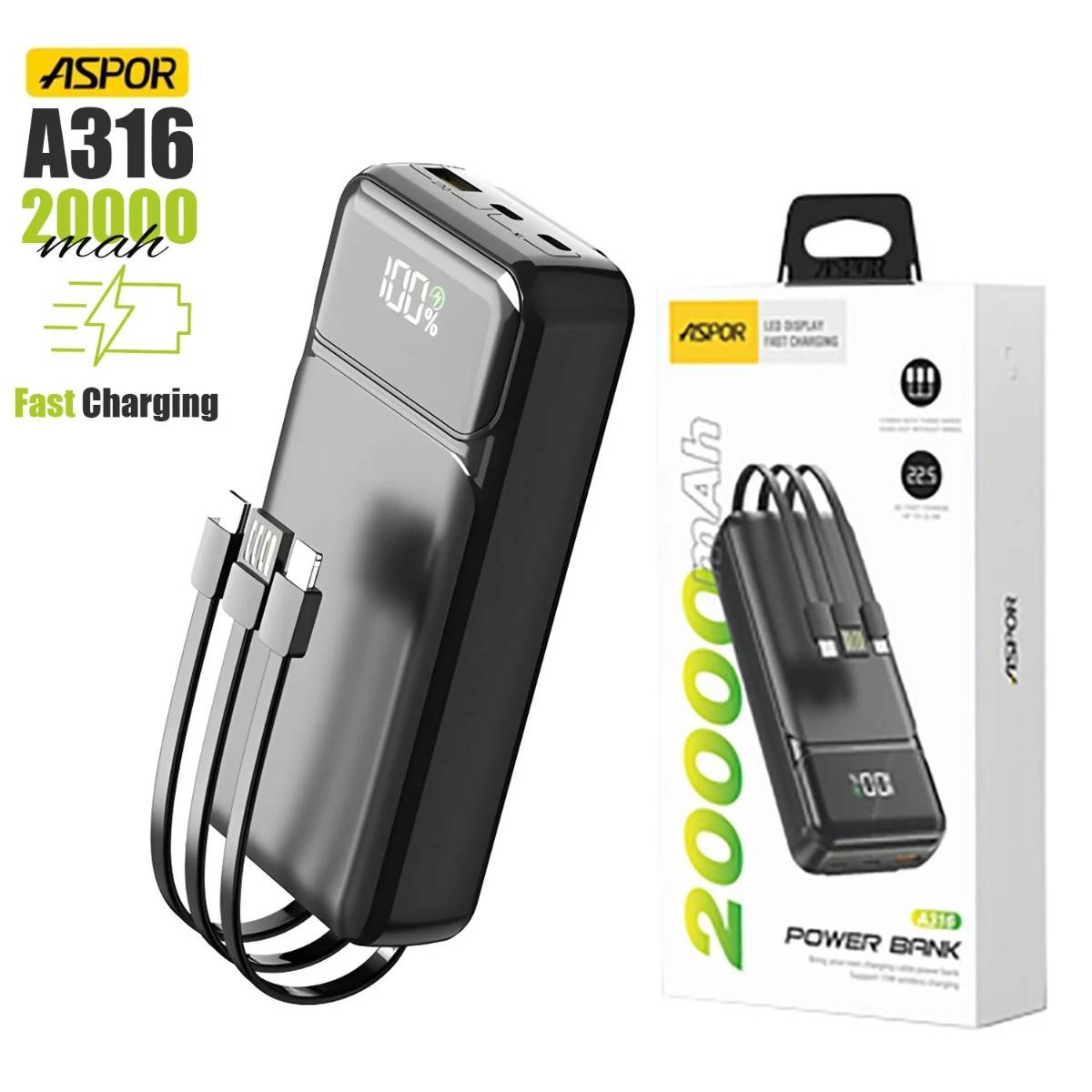 Aspor A316 20000mAh Power Bank PD 22.5W Fast Charging Powerbank