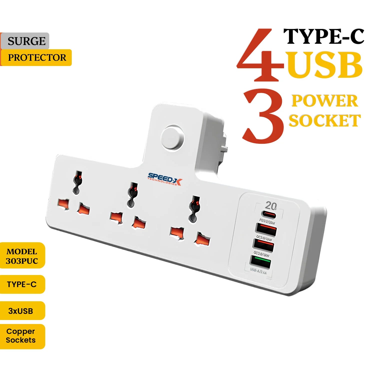 Speed-X 303PUC Premium Portable Power Strip – 3 Sockets, 3 USB Ports & 1 Type-C Port