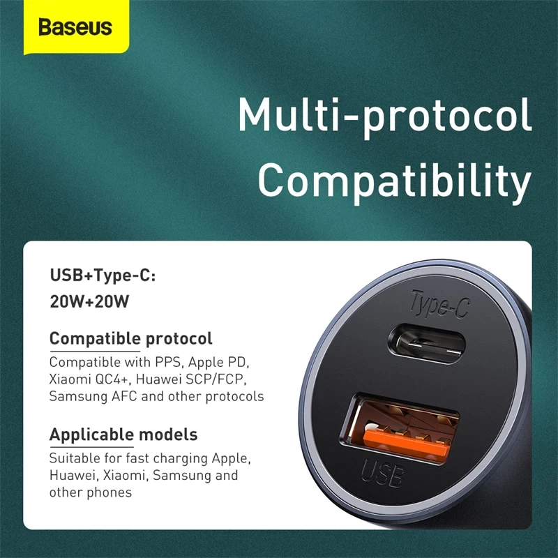 Baseus Golden Contactor Pro Dual Quick Car Charger U+C 40W (With 1 Meter Cable)